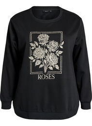 Sweatshirt med rosentryck och strass, Svart