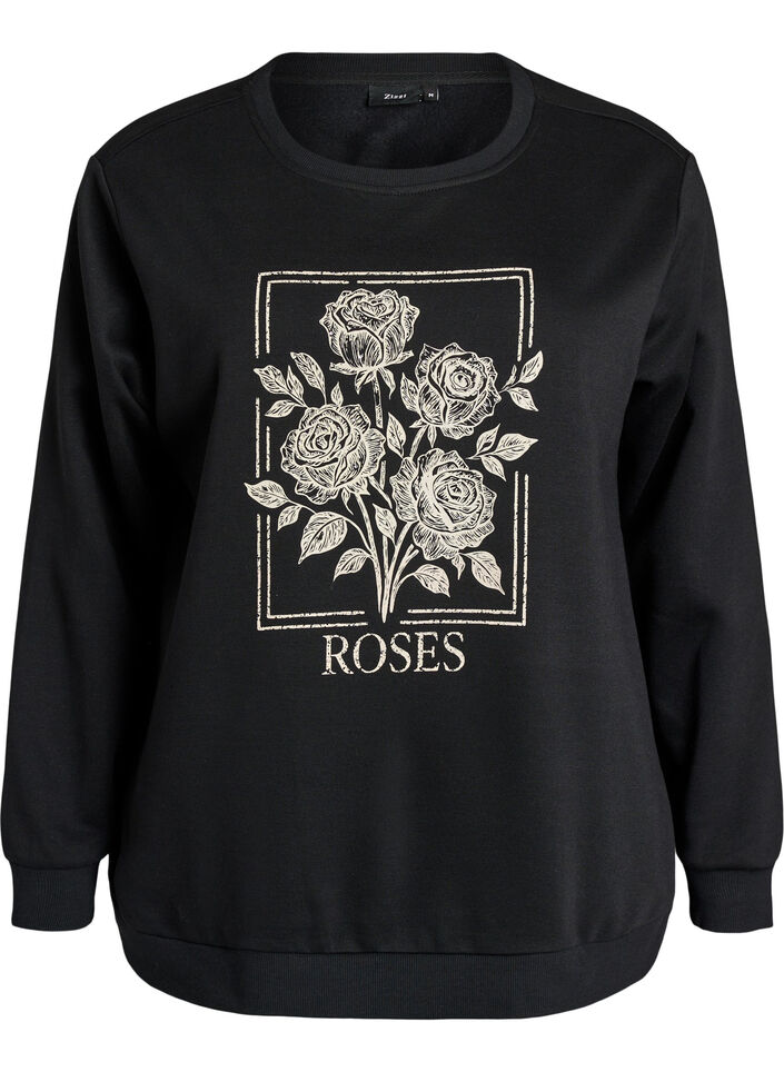 Sweatshirt med rosentryck och strass, Svart, Packshot image number 0
