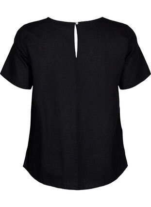 Kortärmad blus i bomullsblandning med detaljer i linne och spets, Black, Packshot image number 1