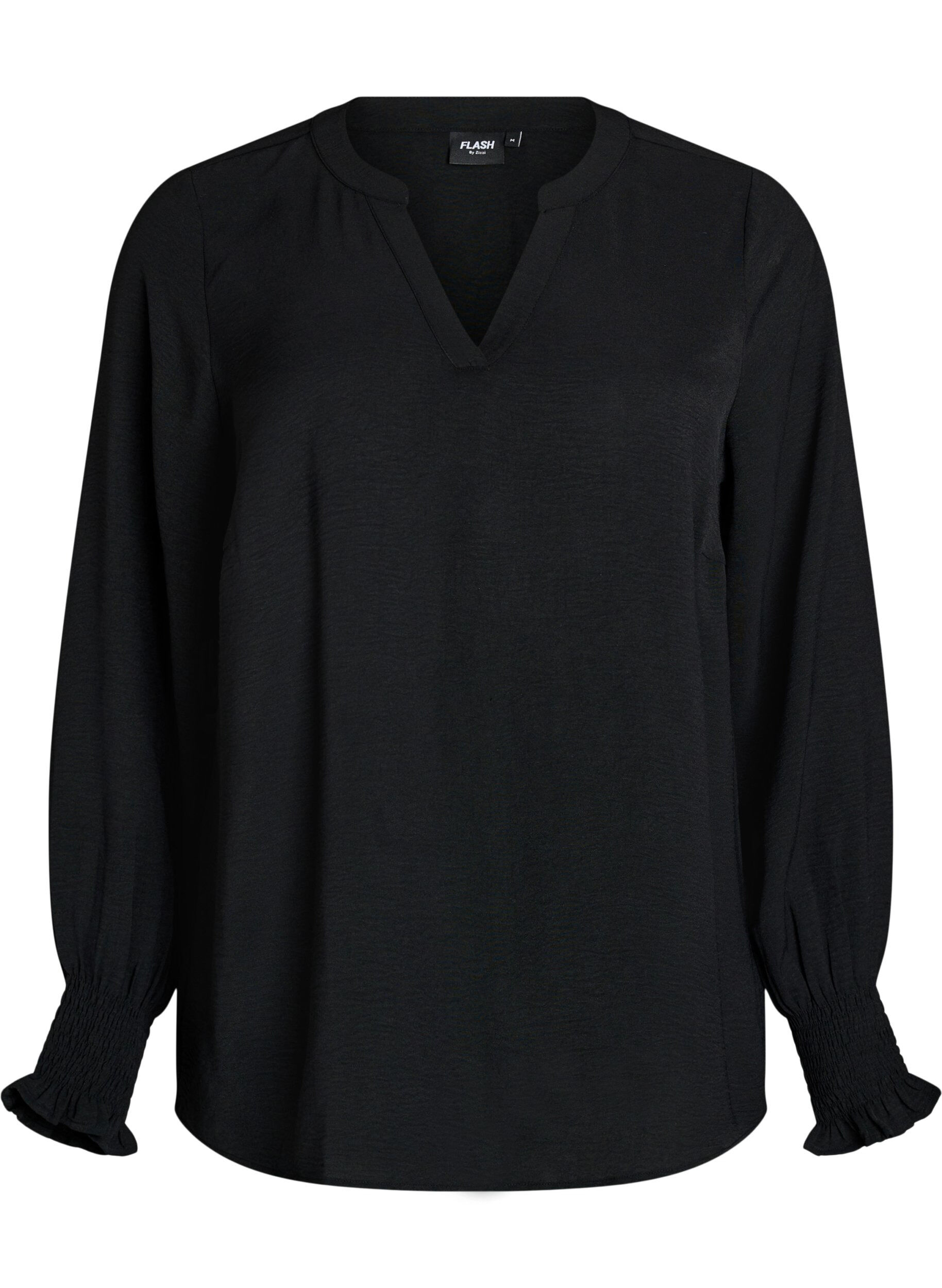 FLASH - Blus med smockade manschetter och v-ringning