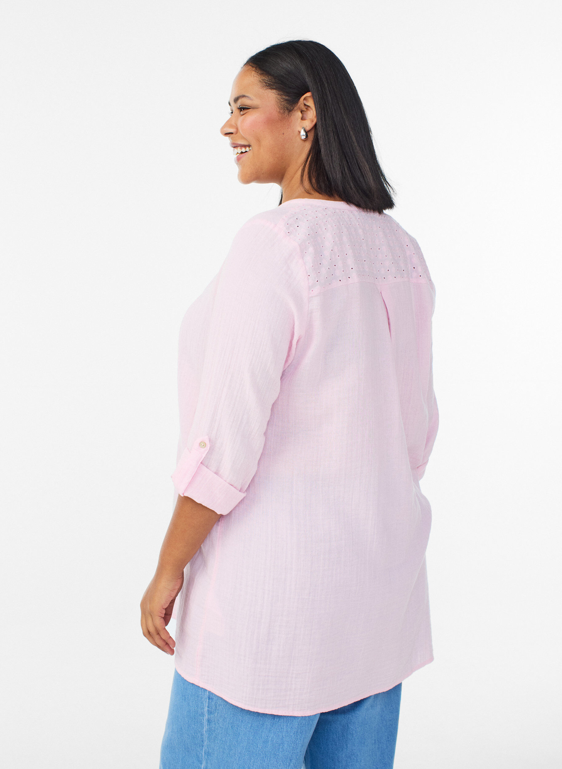 Zizzi Tunika i bomullsmuslin med broderie anglaise, Rosa, Model image number 2