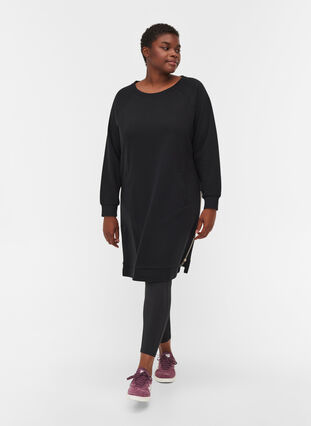 Sweatshirtklänning med fickor och slits, Black, Model image number 2