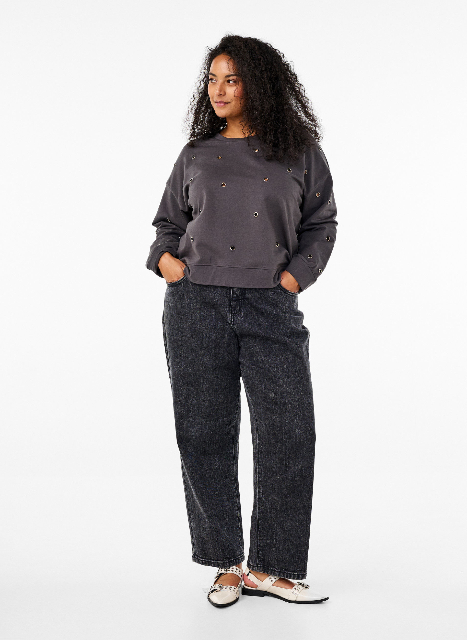 Zizzi Sweatshirt med &ouml;ljetter, Gr&aring;, Model image number 1