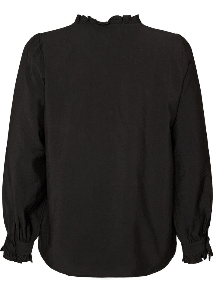 Skjortblus med broderade blomapplikationer, Svart, Packshot image number 1