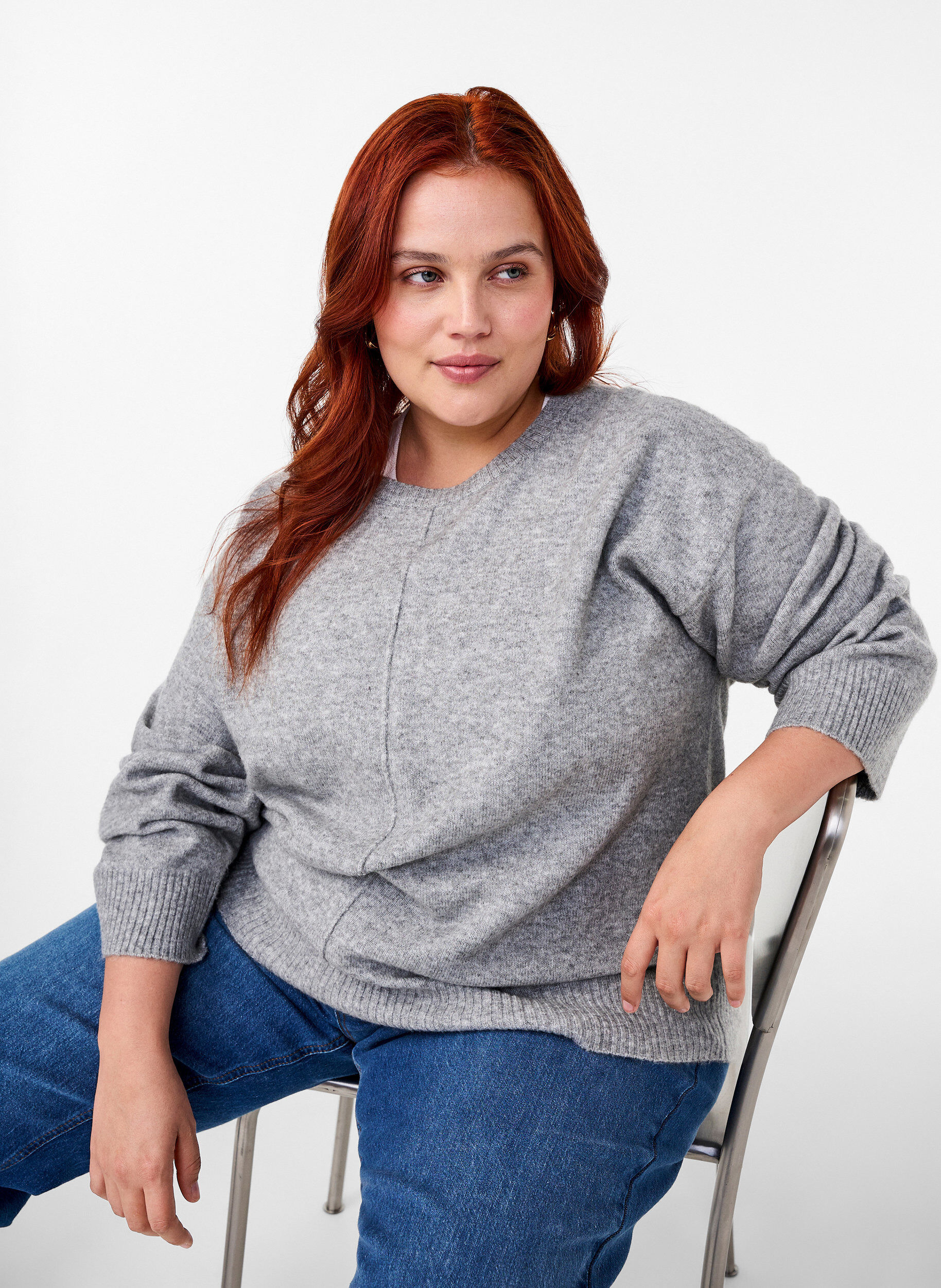 Zizzi Stickad blus med rund halsringning och mitts&ouml;m, Light Grey Melange, Image image number 0