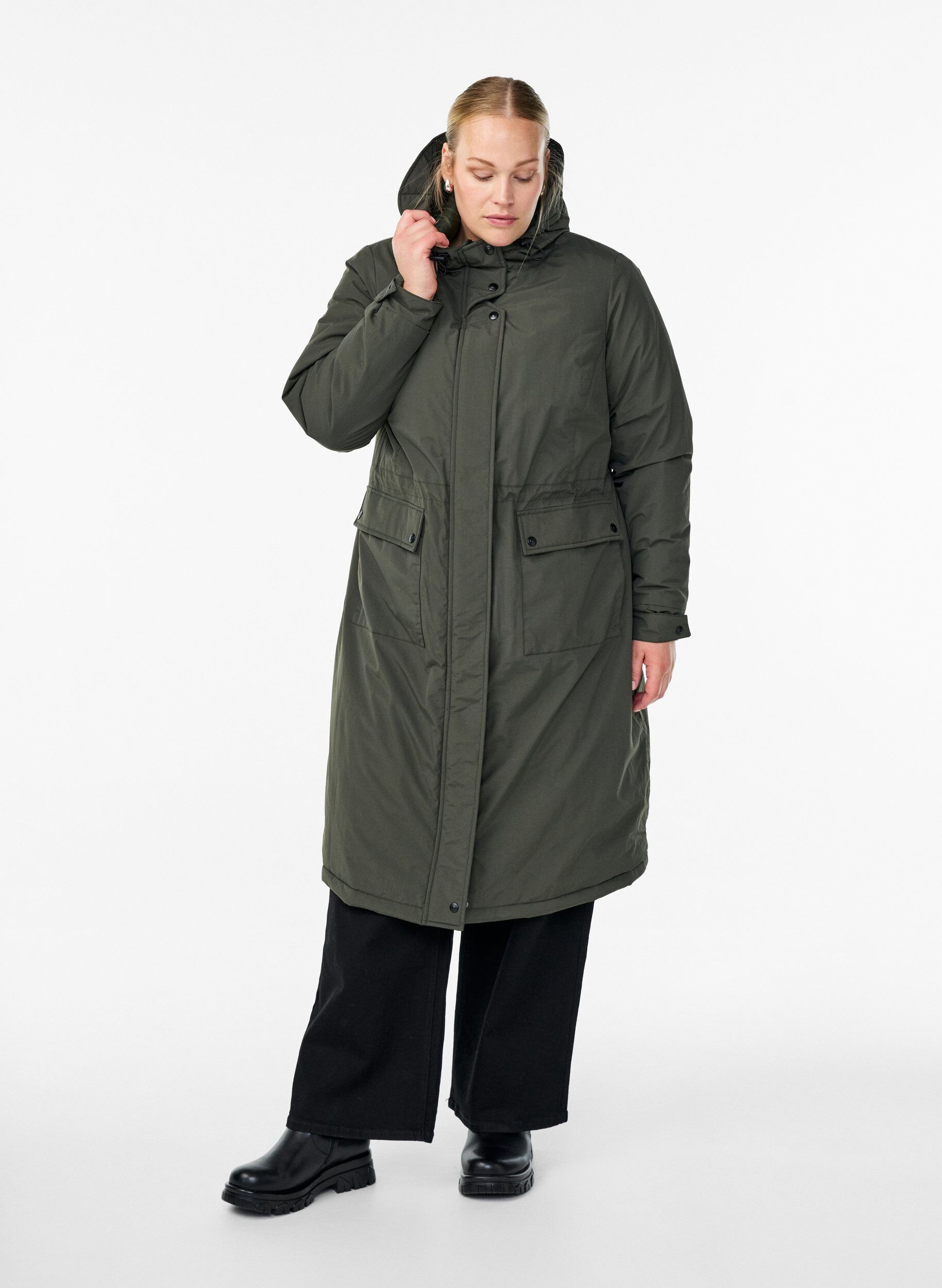 Zizzi Parkas med huva och justerbar midja, Gr&ouml;n, Model image number 1
