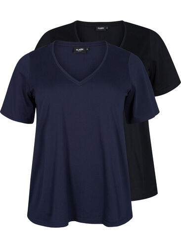 FLASH - 2-pack v-ringade t-shirtar, Navy Blazer/Black, Packshot image number 0