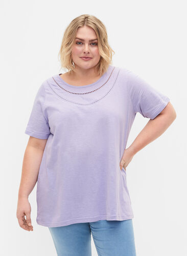 T-shirt i bomull med spetsband, Lavender, Model image number 0