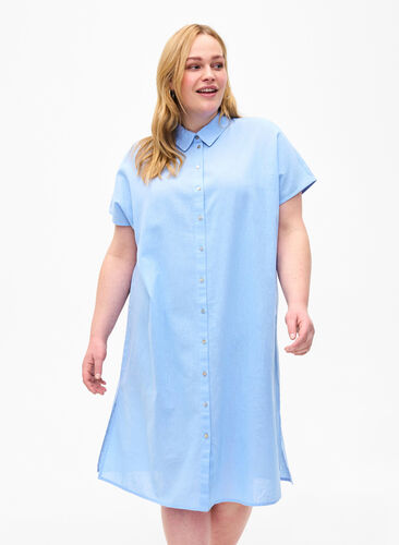 Lång skjorta i bomullsblandning med linne, Serenity, Model image number 0