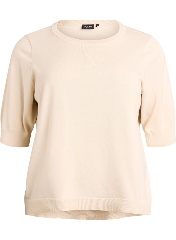 Finstickad blus med korta &auml;rmar, Beige, Packshot image number 0