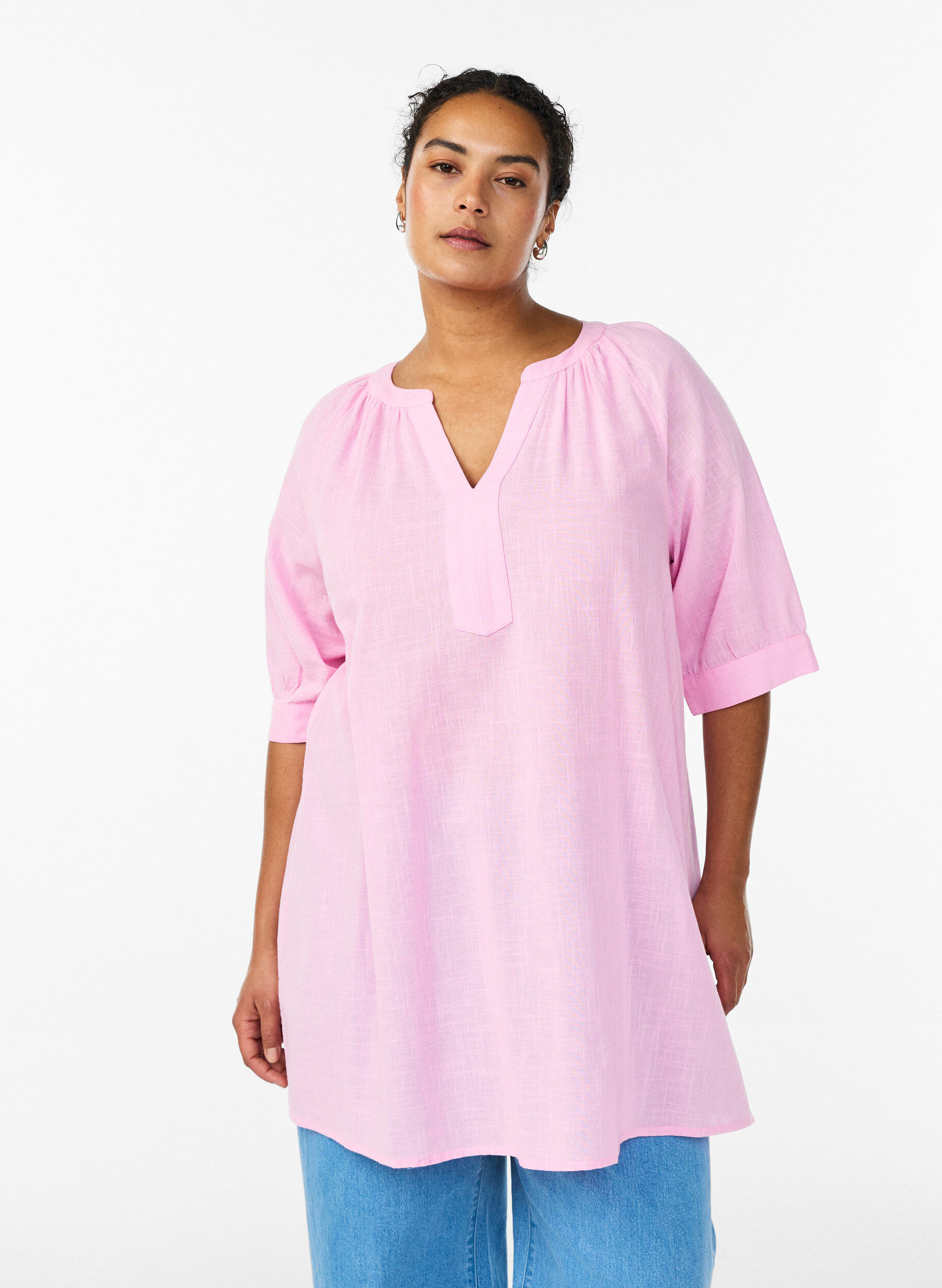 Tunika i bomull med v-ringning, Rosa, Model