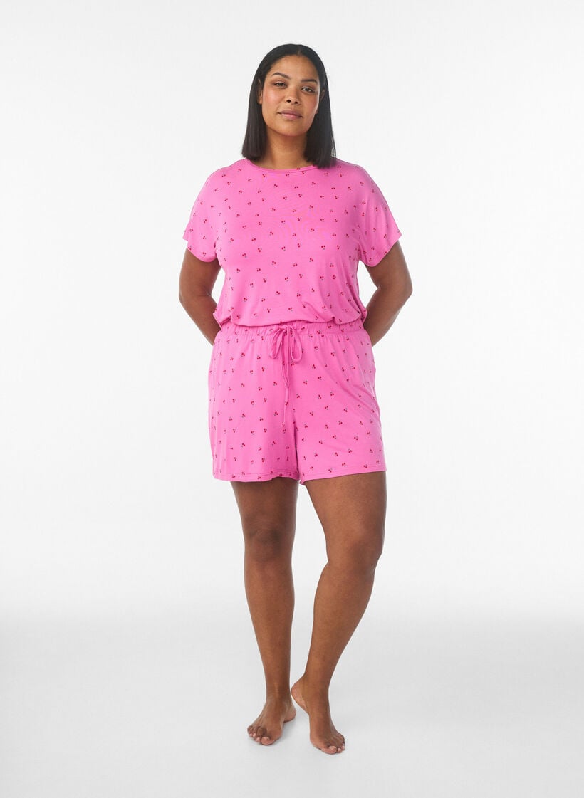 Pyjamasshorts i viskosjersey med helt&auml;ckande m&ouml;nster, Rosa, Model image number 1