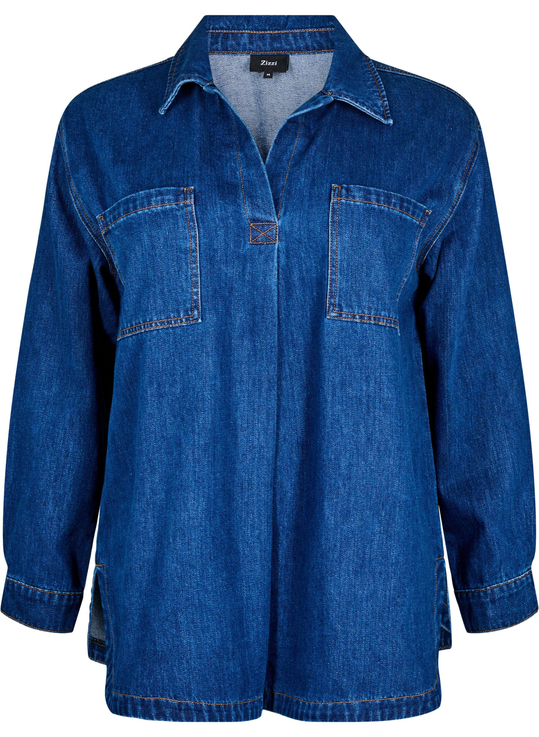 Zizzi Denimblus med krage, Unwashed, Packshot image number 0