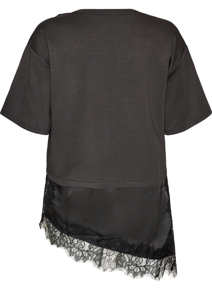 Blus i jersey med lager-p&aring;-lager-look och spets, Svart, Packshot image number 1
