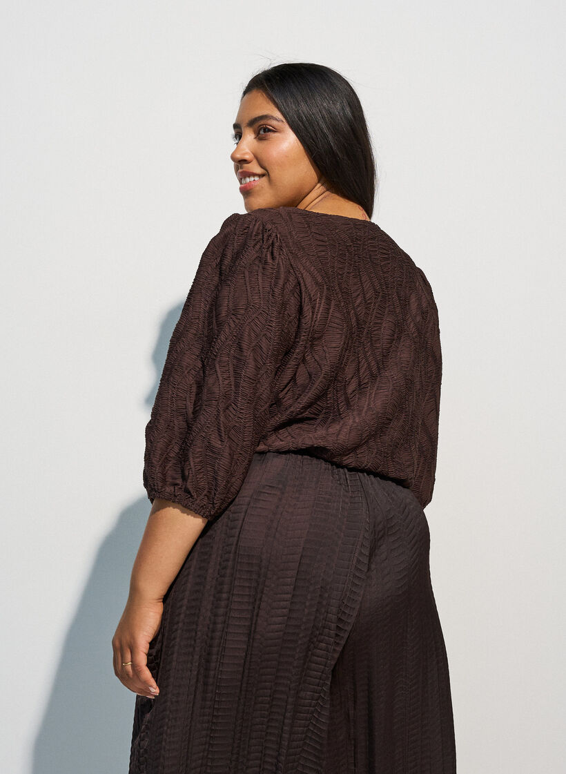 Blus med struktur och 3/4-&auml;rmar, Brun, Model image number 2