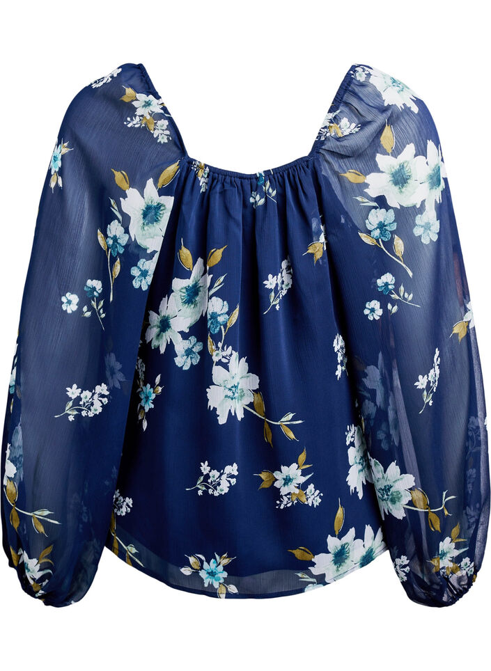 Chiffongblus med blommigt tryck och l&aring;nga &auml;rmar, Bl&aring;, Packshot image number 1