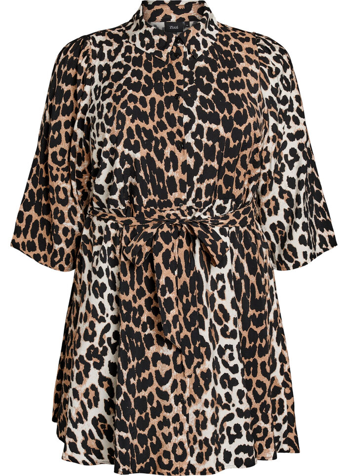 M&ouml;nstrad tunika med knytsk&auml;rp och 3/4-&auml;rmar, Brun, Packshot image number 0