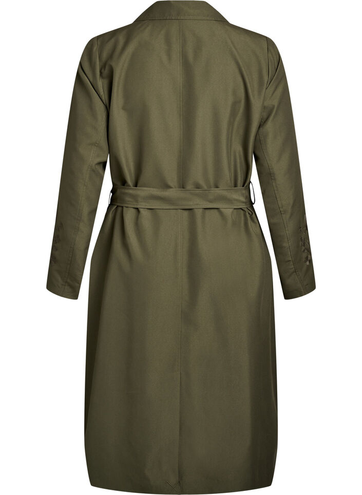 Lång trenchcoat med broderi, Grön, Packshot image number 1
