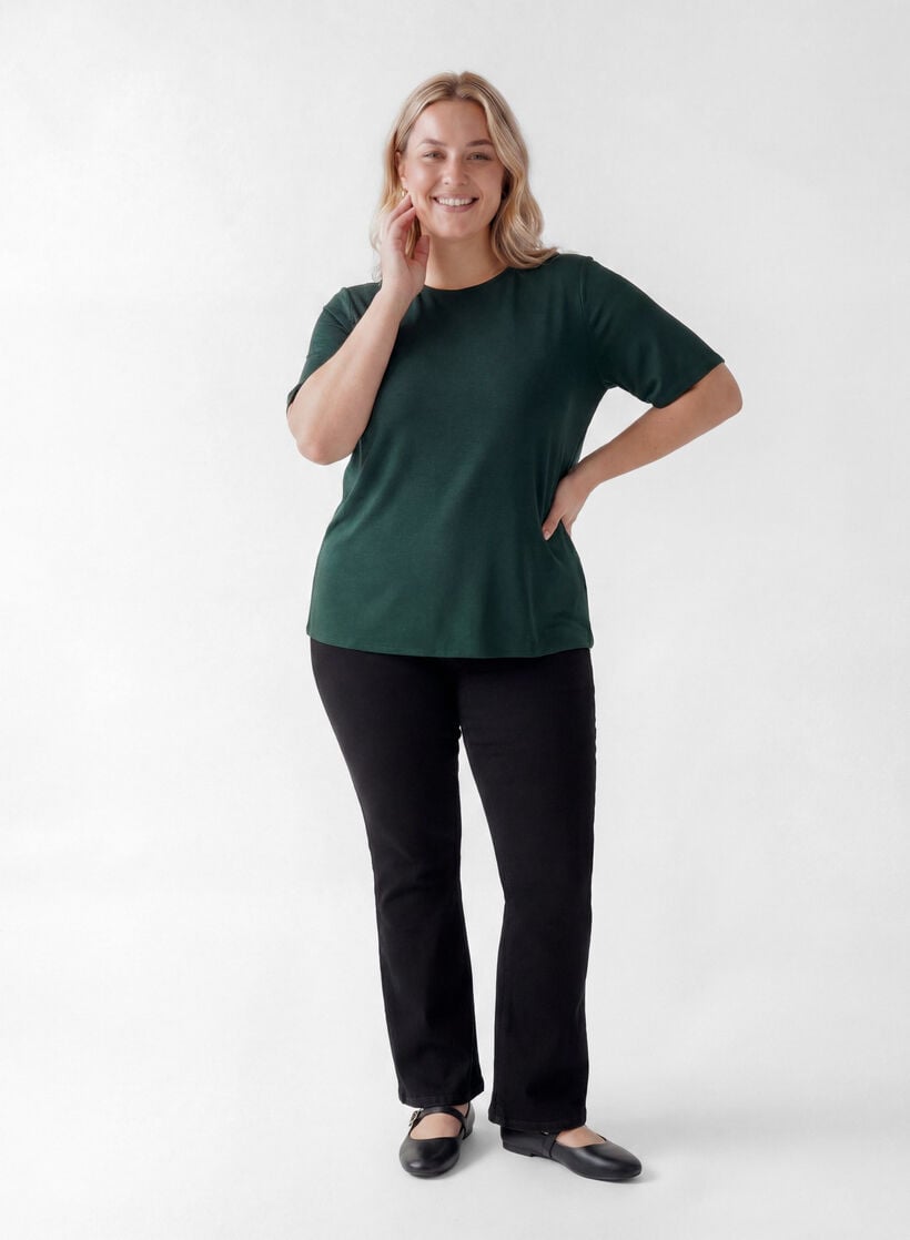 Kort&auml;rmad v&auml;vd blus med rund hals, Gr&ouml;n, Model image number 1