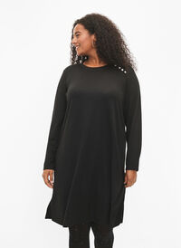 Långärmad jerseyklänning med knappdetaljer, Black, Model