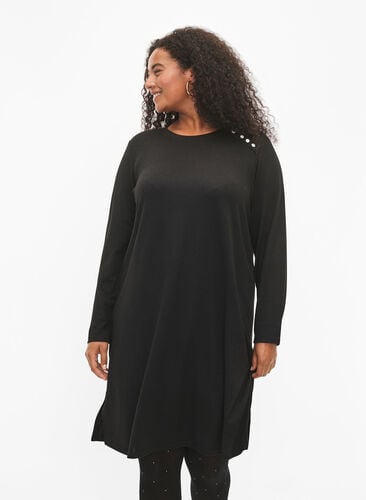 Långärmad jerseyklänning med knappdetaljer, Black, Model image number 0