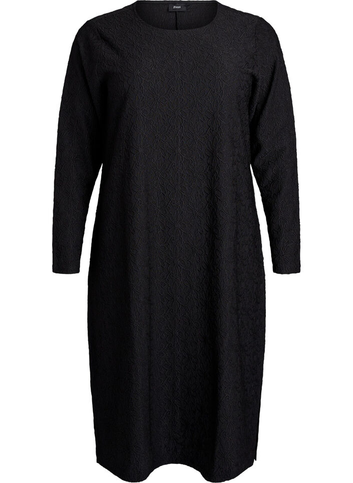 Blommig texturerad klänning med långa ärmar, Svart, Packshot image number 0