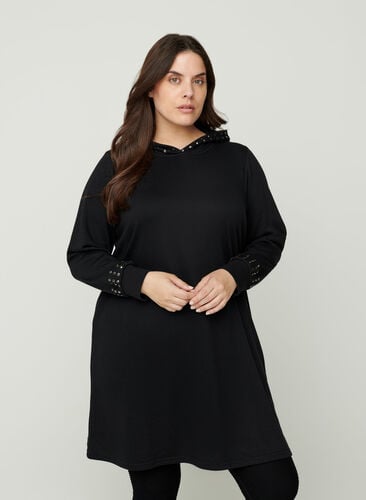 Lång sweatshirtsklänning med nitar, Black, Model image number 0