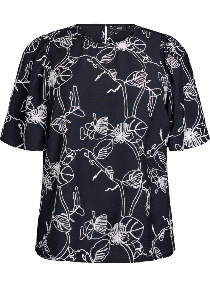 Kort&auml;rmad blus med broderat m&ouml;nster, Svart, Packshot image number 0
