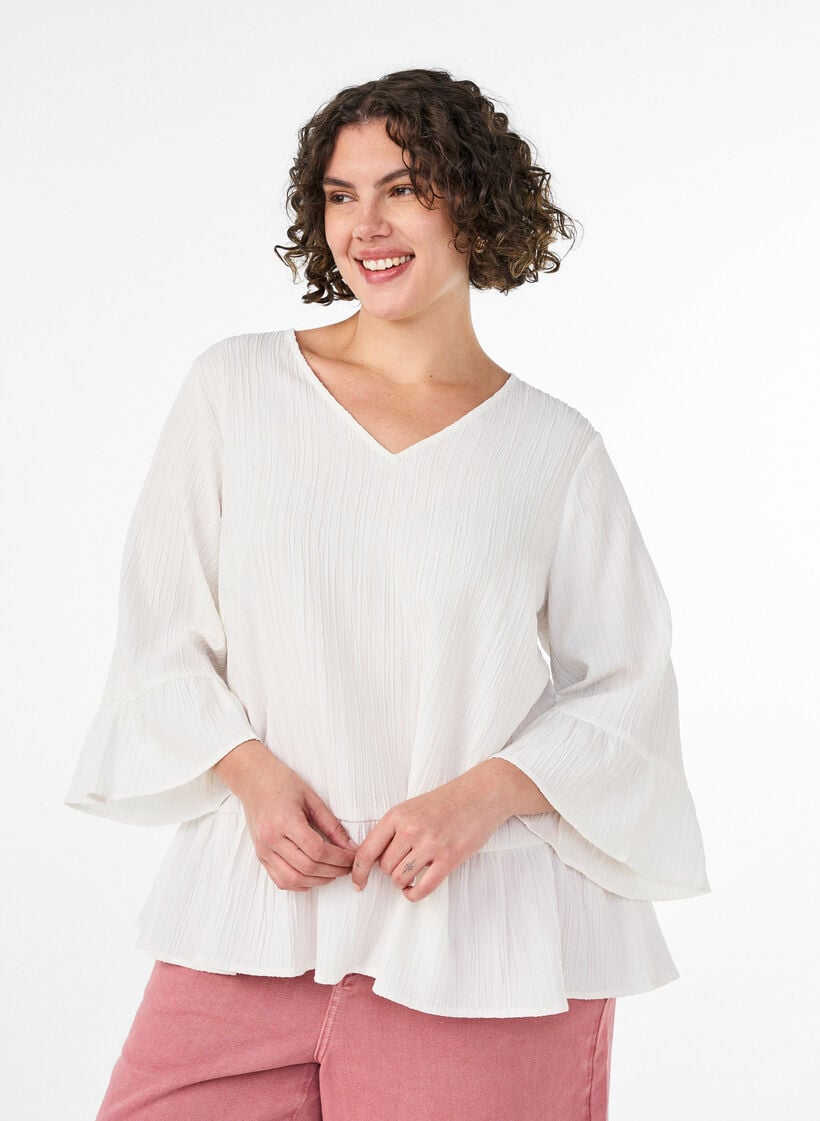 Blus med struktur, v-ringning och volanger, Vanilla, Model image number 0