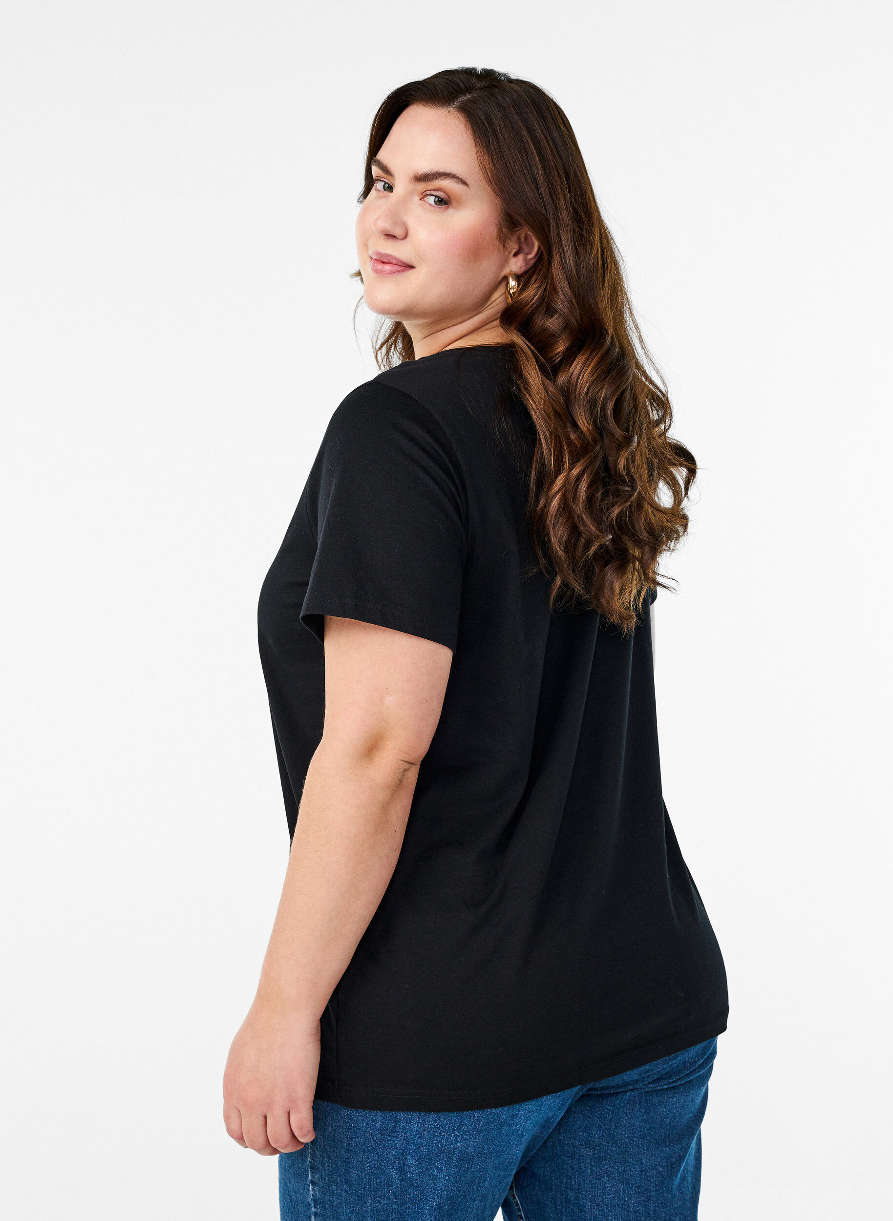 Zizzi T-shirt i bomull med motiv, Black w. Gold Love, Model image number 1