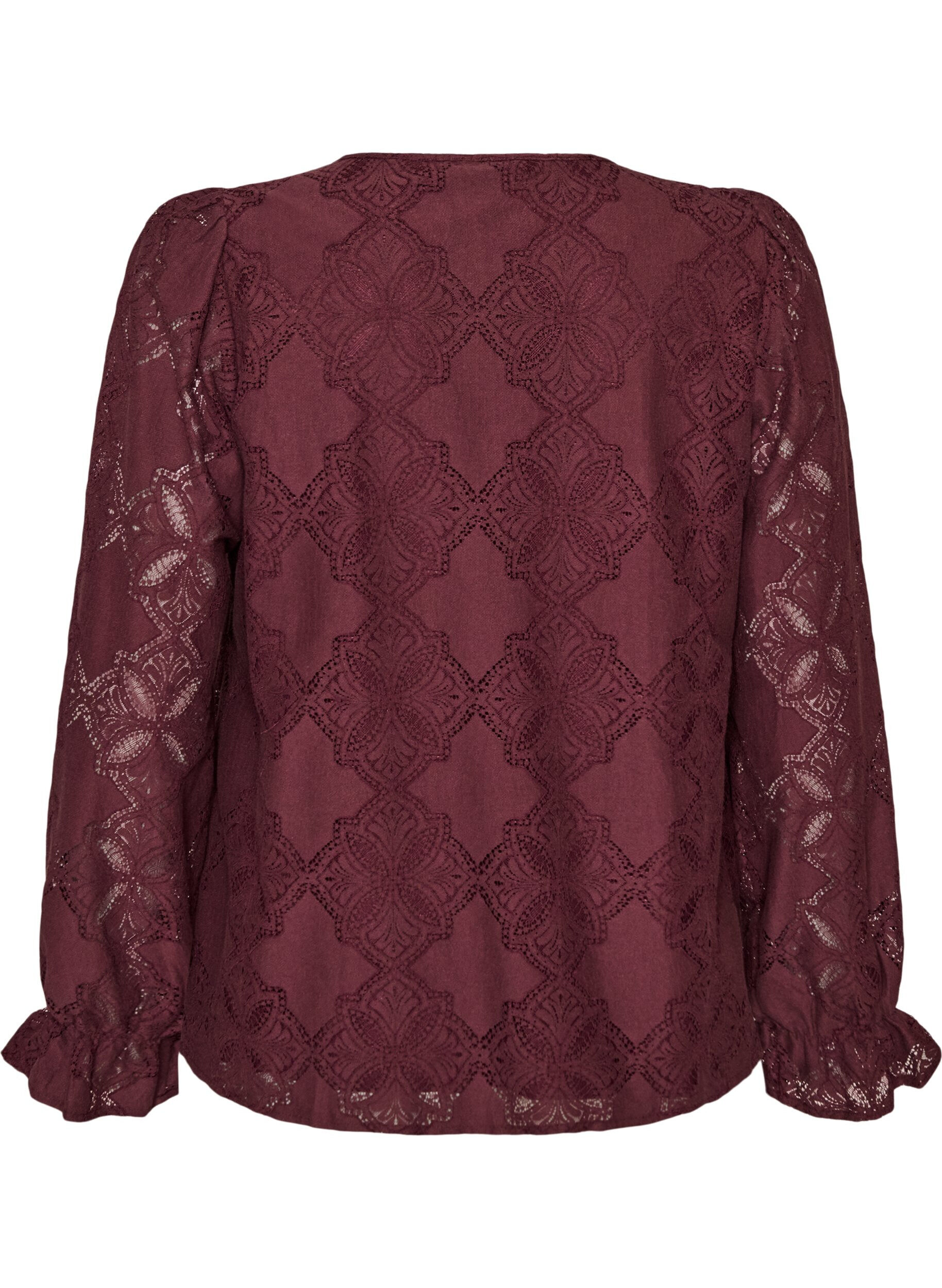 ZizziL&aring;ng&auml;rmad blus med spetsm&ouml;nster, M&ouml;rk Bordeaux, Packshot image number 1