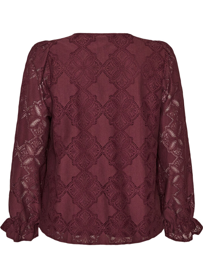 L&aring;ng&auml;rmad blus med spetsm&ouml;nster, M&ouml;rk Bordeaux, Packshot image number 1