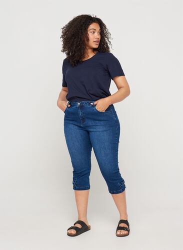 Trekvartsbyxor i jeans med rosett, Dark blue denim, Model image number 0