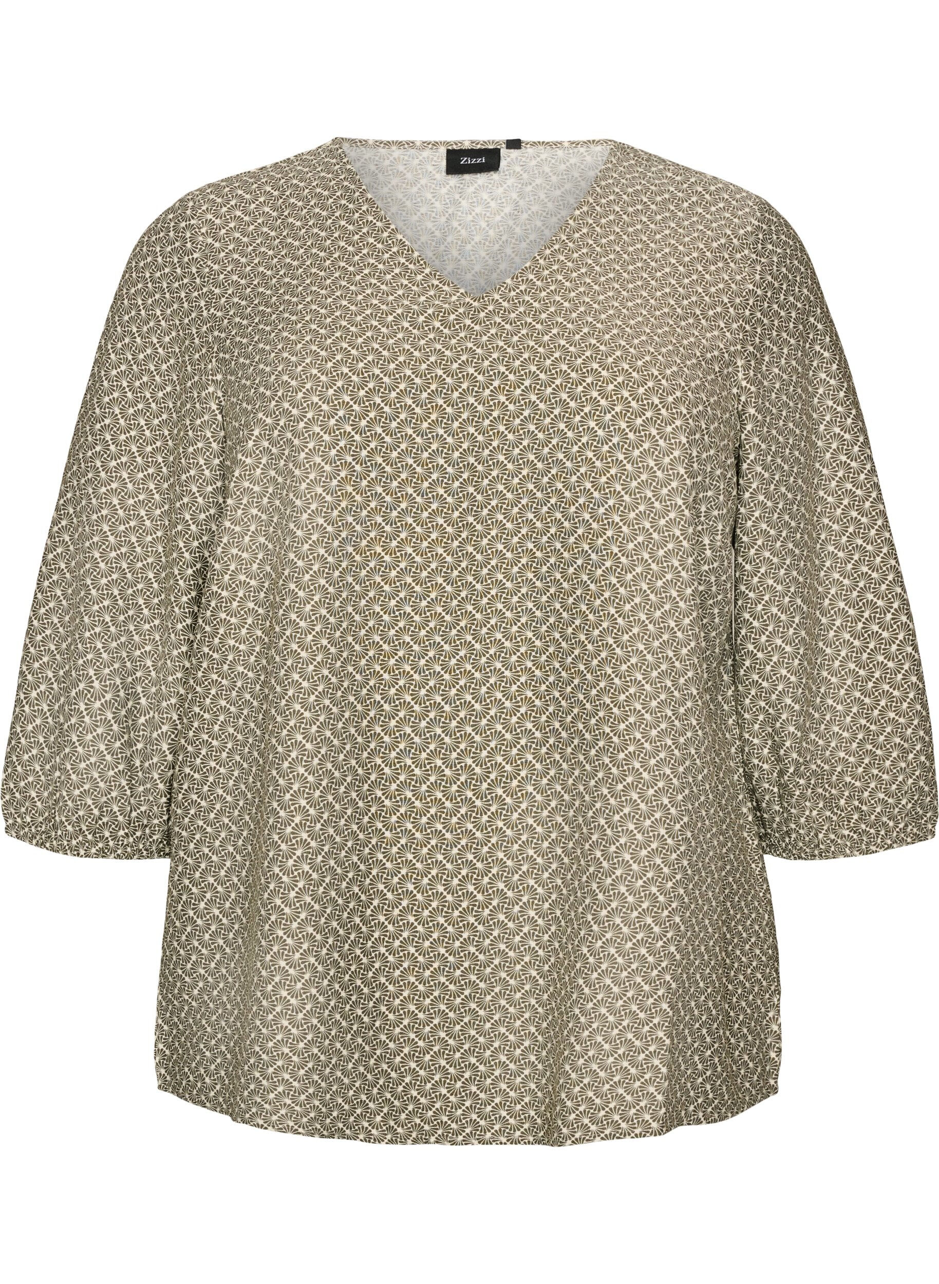 ZizziM&ouml;nstrad blus i viskos med 3/4-&auml;rm, Gr&ouml;n, Packshot image number 0