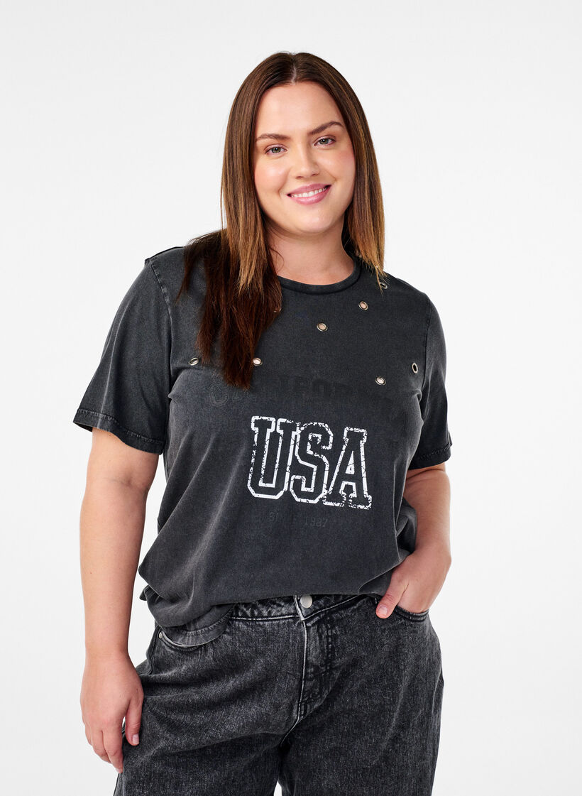 T-shirt med öljetter och tryck, Grey Washed , Model image number 0