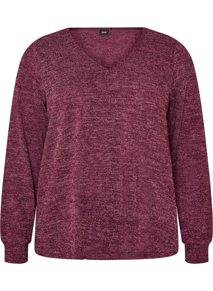 Blus i jersey med v-ringning och l&aring;nga &auml;rmar, M&ouml;rk Bordeaux, Packshot image number 0