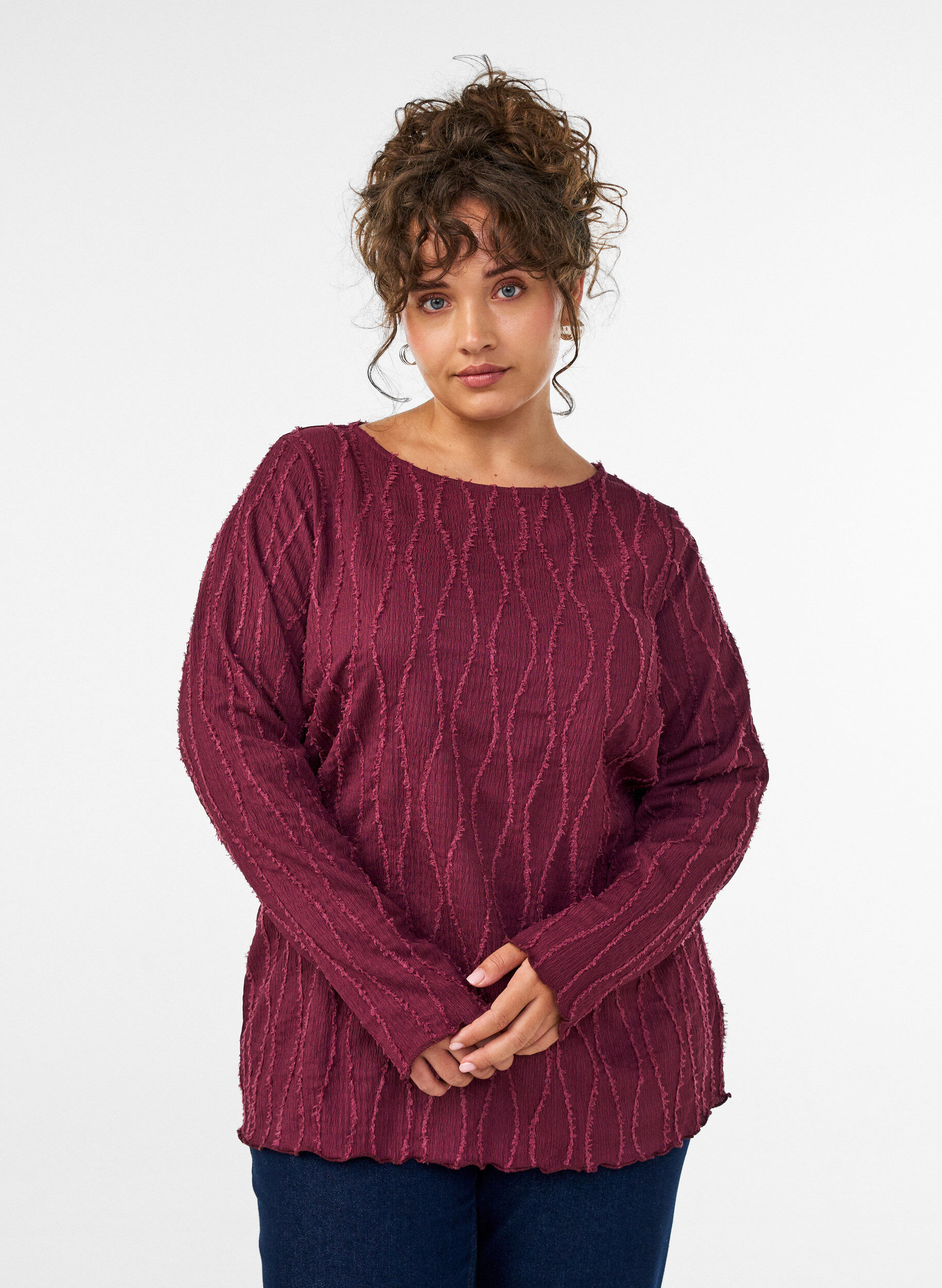 ZizziBlus i jersey med v&aring;gig struktur, R&ouml;d, Model image number 0