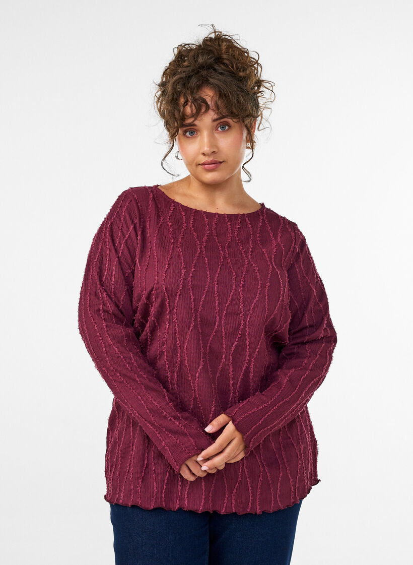 Blus i jersey med v&aring;gig struktur, R&ouml;d, Model image number 0