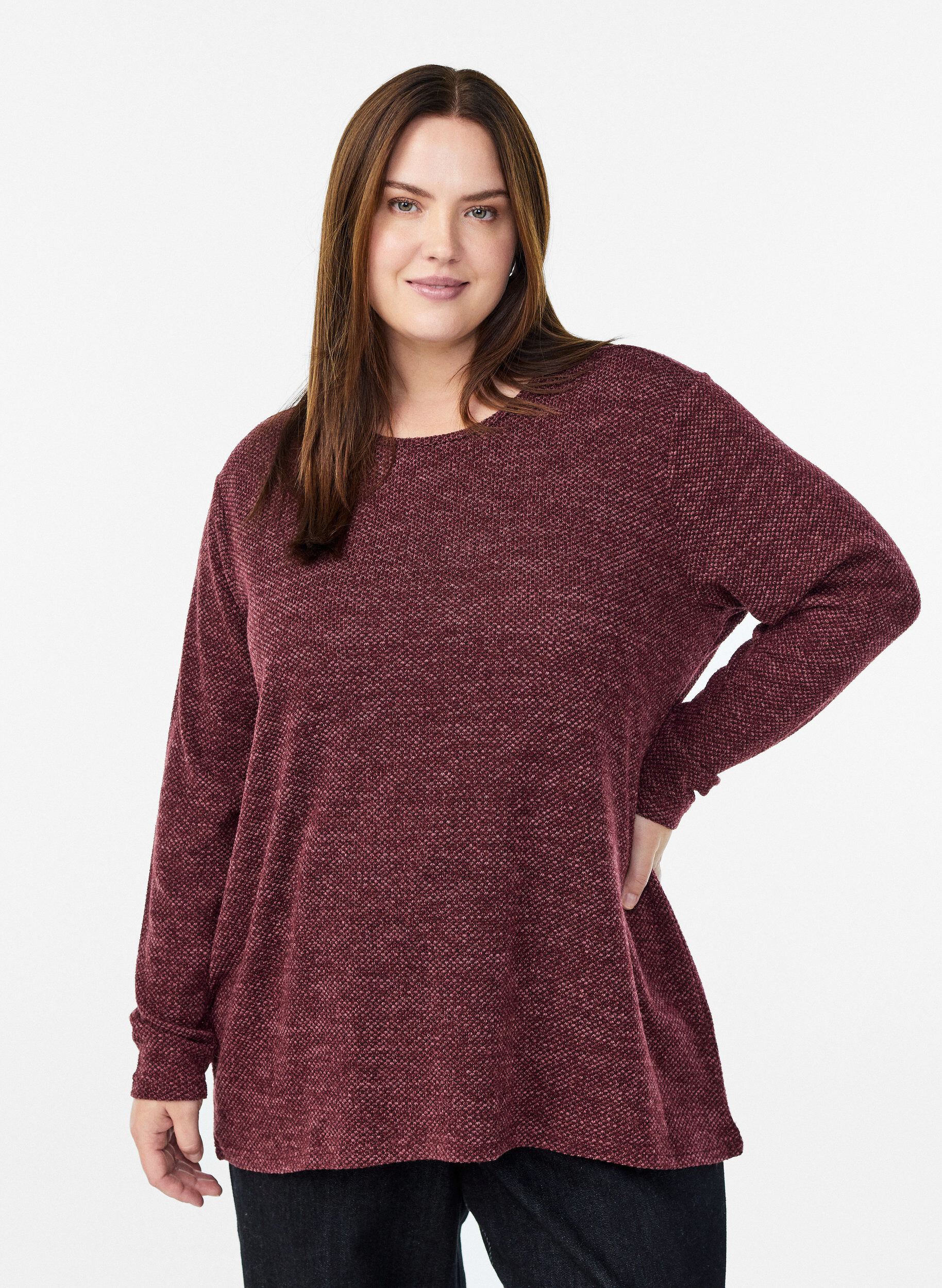ZizziL&aring;ng&auml;rmad blus med textur, M&ouml;rk Bordeaux, Model image number 0