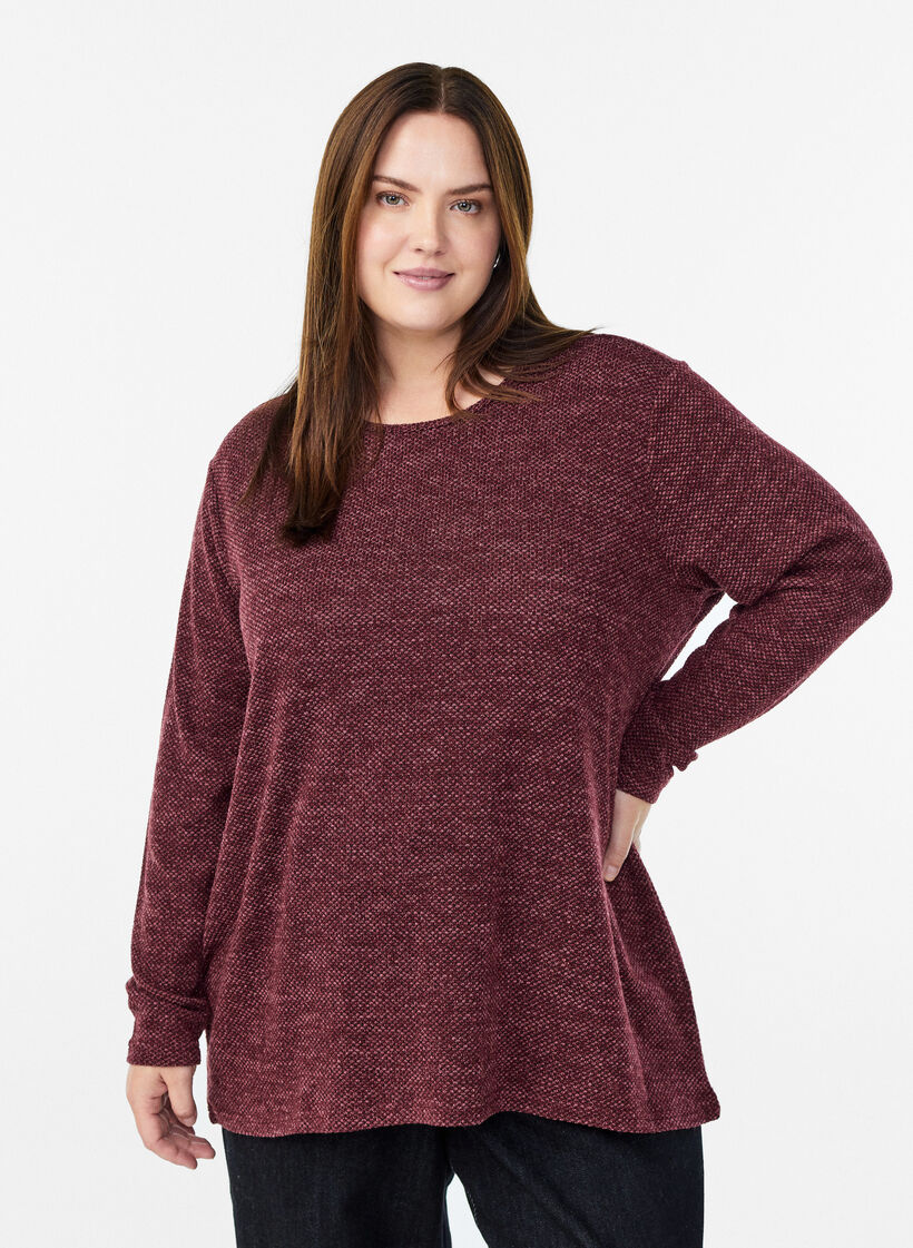 L&aring;ng&auml;rmad blus med textur, M&ouml;rk Bordeaux, Model image number 0