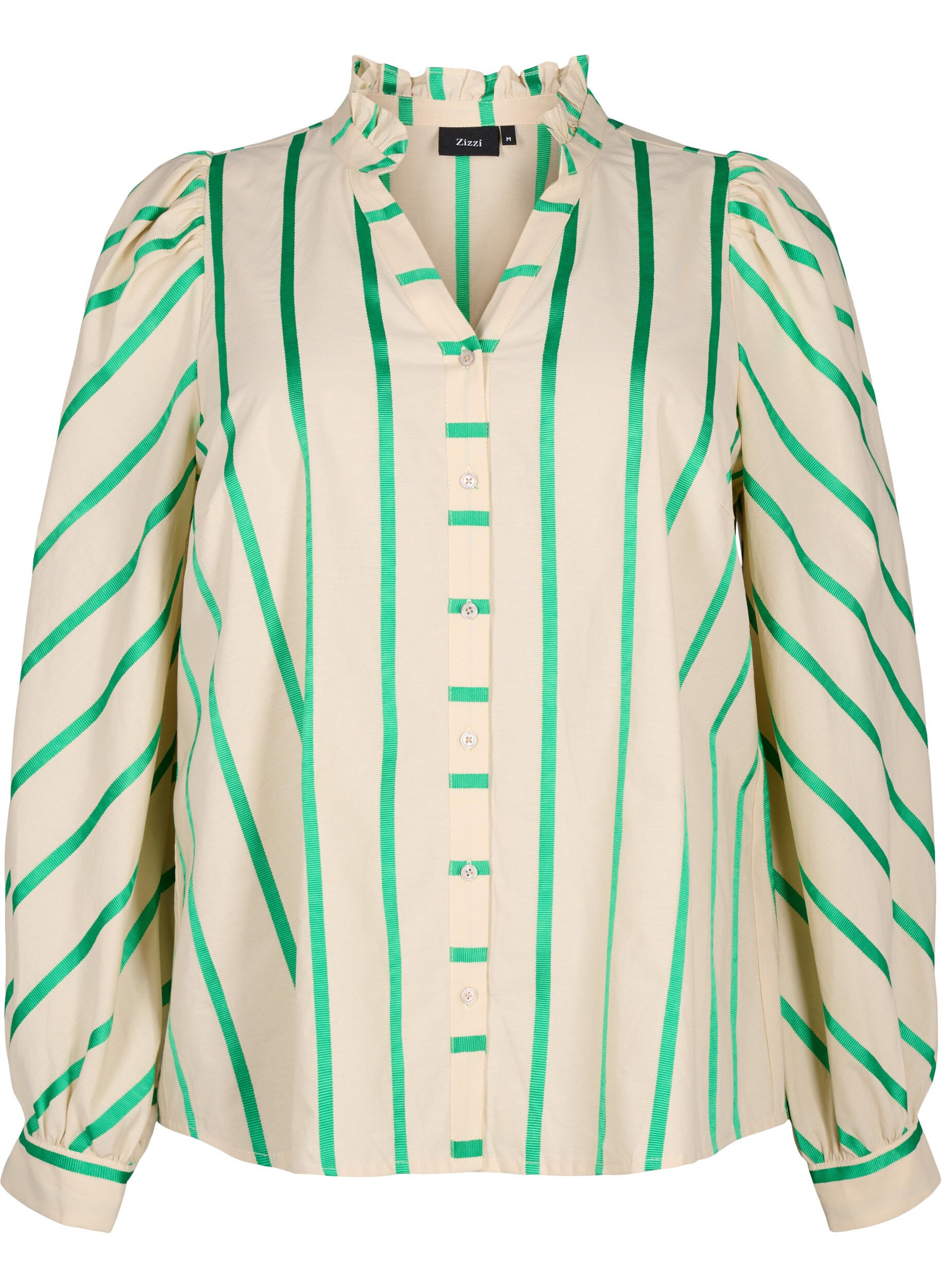 Zizzi Randig blus av bomullskjortmodell med volangkrage, Beige Green Stripe, Packshot image number 0