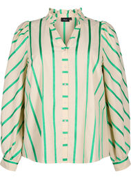 Randig blus av bomullskjortmodell med volangkrage, Beige Green Stripe