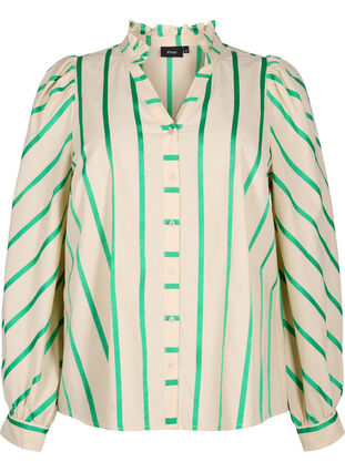 Randig blus av bomullskjortmodell med volangkrage, Beige Green Stripe, Packshot image number 0