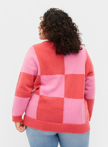 Rutig stickad tröja, Begonia Pink Comb, Model image number 1