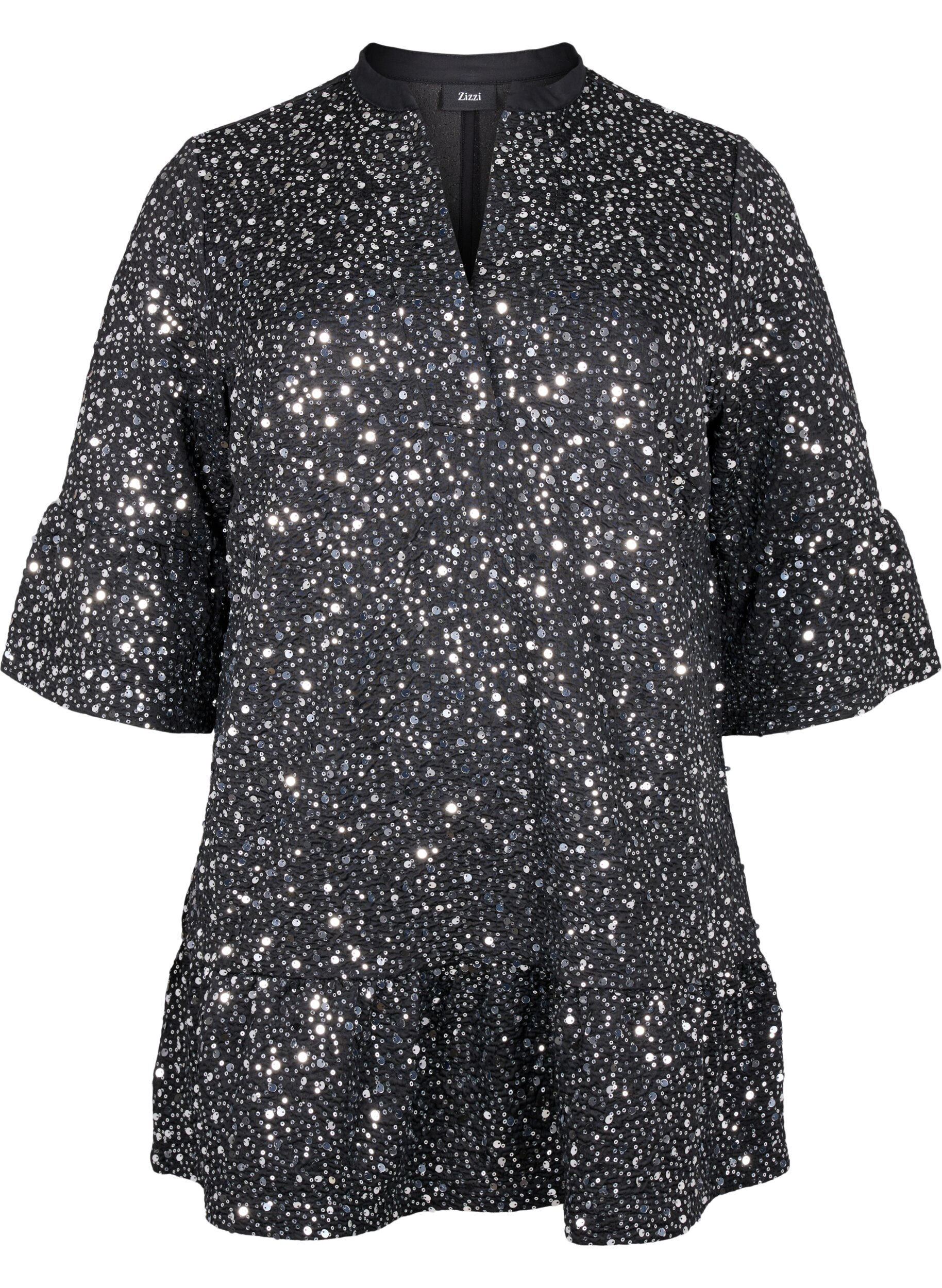 Zizzi Paljettkl&auml;nning med V-ringning och trekvarts&auml;rmar, Black w. Sequins, Packshot image number 0