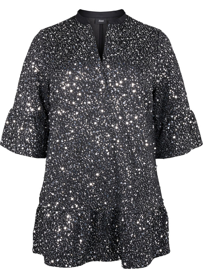 Paljettklänning med V-ringning och trekvartsärmar, Black w. Sequins, Packshot image number 0