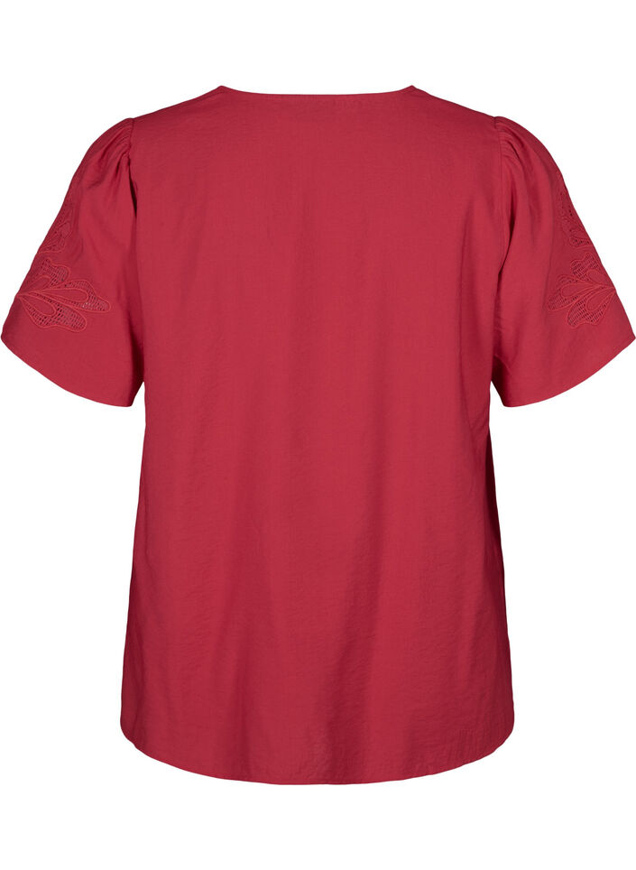 Kortärmad viskosblus med broderi, Röd, Packshot image number 1