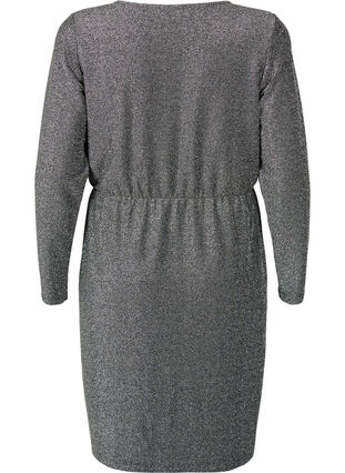 Glitterklänning med omlott och långa ärmar, Black Silver, Packshot image number 1