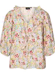 Blus i viskos med blommigt m&ouml;nster och 3/4-&auml;rmar, Bl&aring;