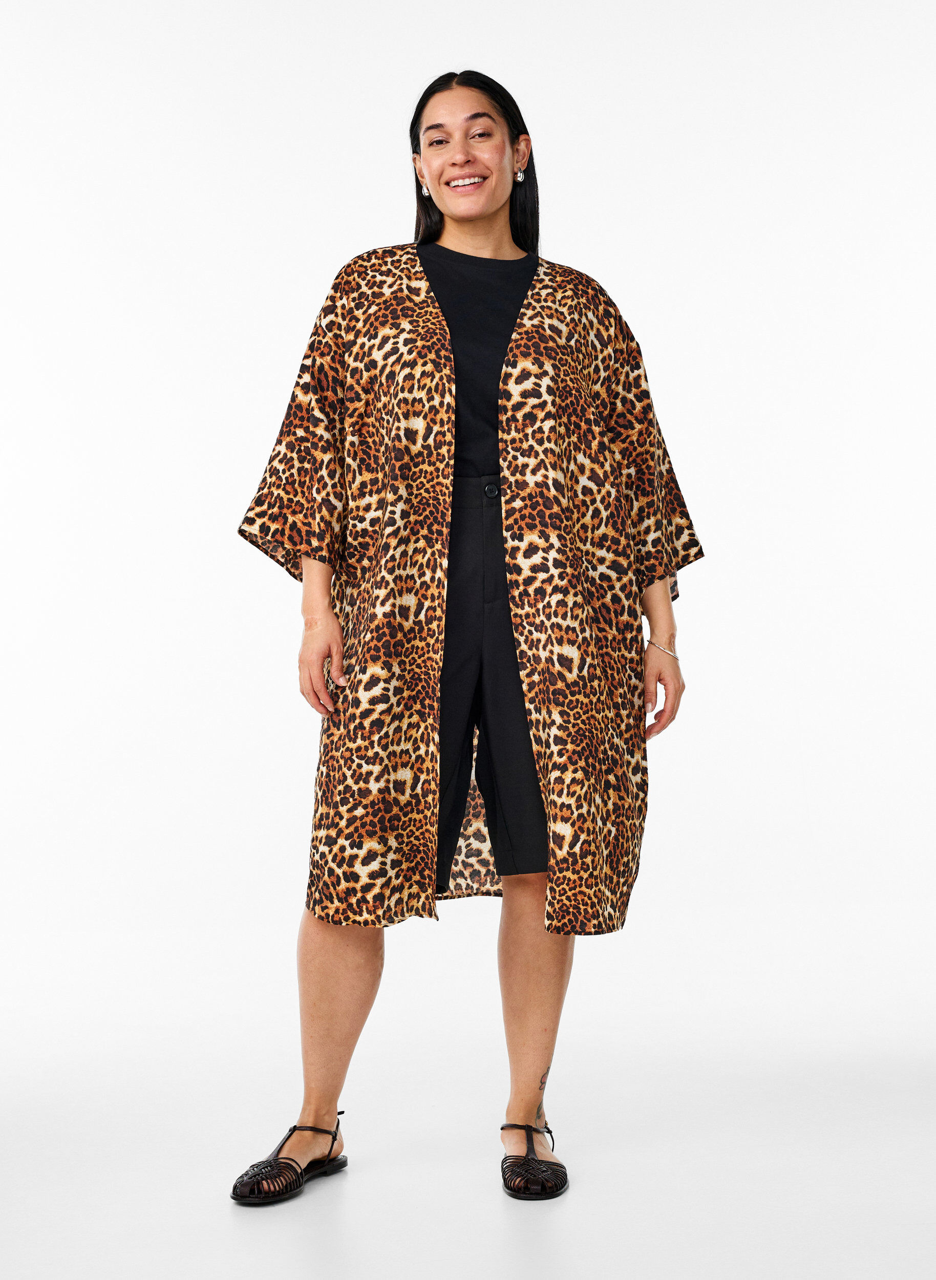 Zizzi Kimono i viskos med trekvarts&auml;rmar, Brun, Model image number 1